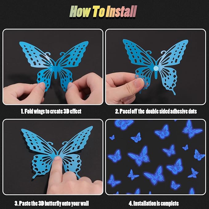 SAOROPEB Glow in The Dark 3D Butterfly 24 Pcs 3 Sizes, Luminous Butterfly Stickers for Ceiling or Wall, Glow in The Dark Party Supplies, Removable Luminous Stickers for Kids Babys Nursery (Blue)-Ruum Studio Home