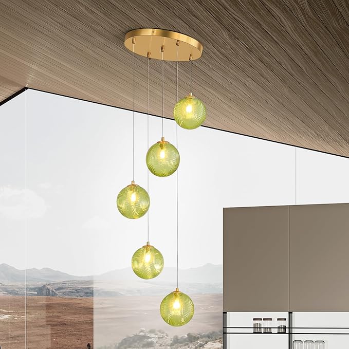 5-Light Chandelier, Globe Green Glass Flush Mount Pendant Light,15W Ceiling Hanging Light for Staircase Foyer Entryway Living Room Hotel Kitchen Island（3000K,G9 Bulbs Include）-Ruum Studio Home
