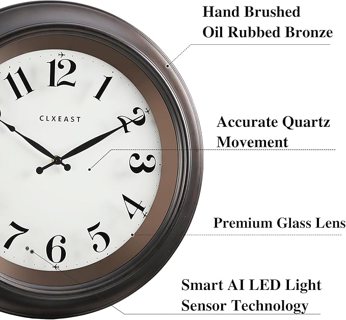 CLXEAST 18 Inch Large Illuminated Wall Clock with AI Smart Night Light Sensor,Modern Farmhouse Wall Clocks for Living Room,Bedroom,Bathroom, Kitchen, Home Office,Oil Rubbed Bronze Black-Ruum Studio Home