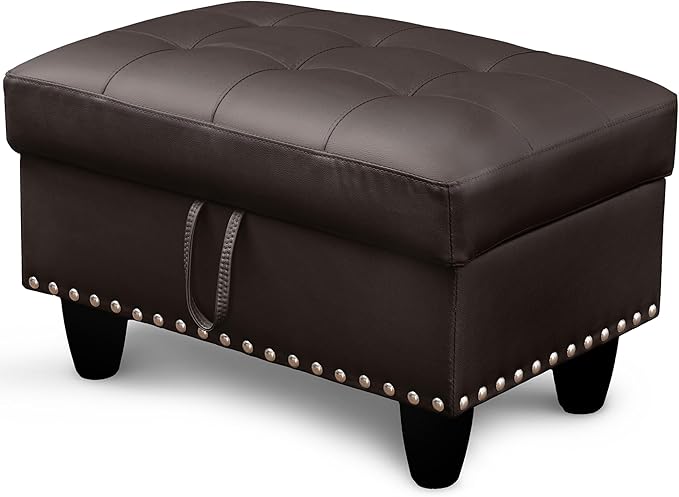 Ottoman Rectangular Storage Ottoman Bench, Faux Leather Footrest, Coffee Table, Stool Footstool with Hinged Lid for Living Room, Bedroom, Entryway, Brown, 28.5"x19"x17.5"-Ruum Studio Home