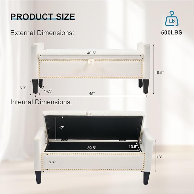 Storage Ottoman Bench, Velvet Upholstered Footstool for Bedroom and Living Room, Tufted Seat with Storage, Wooden Legs & Metal Rivets, Beige-Ruum Studio Home