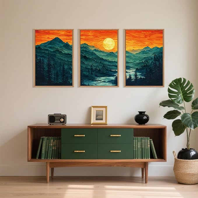 Woodland Mountain Framed Canvas Wall Art Set, Abstract Ridge Wall Painting, Boho Sunset Scenery Wall Decor, Modern Natural Landscape Art Print for Living Room, Bedroom, Office - 16"x24"x3-Ruum Studio Home