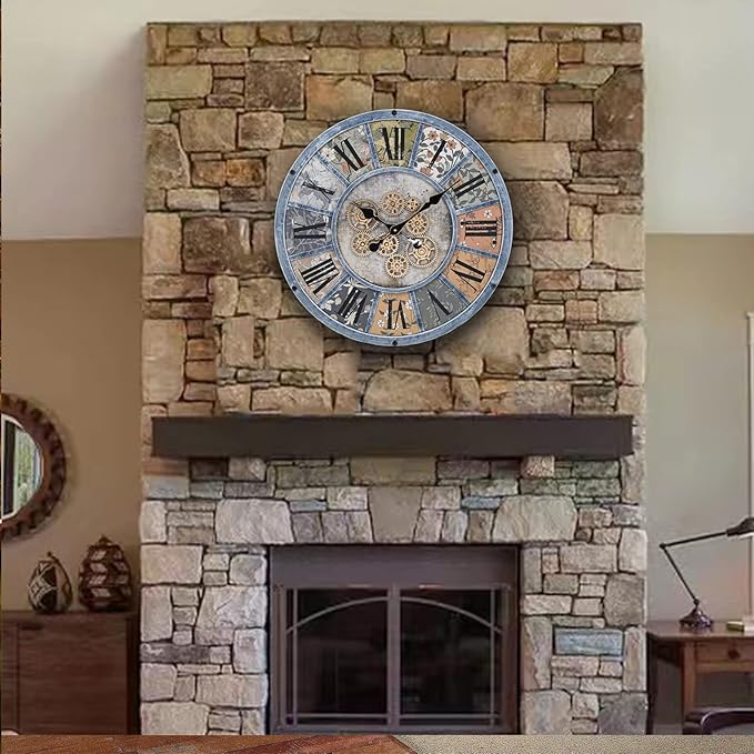 Unique Moving Gear Large Wall Clock - Battery Powered. Retro Industrial Steampunk Country Farmhouse Decor for The Living Room Kitchen Bars cafes and Offices (Blue/Metal/Round)-Ruum Studio Home