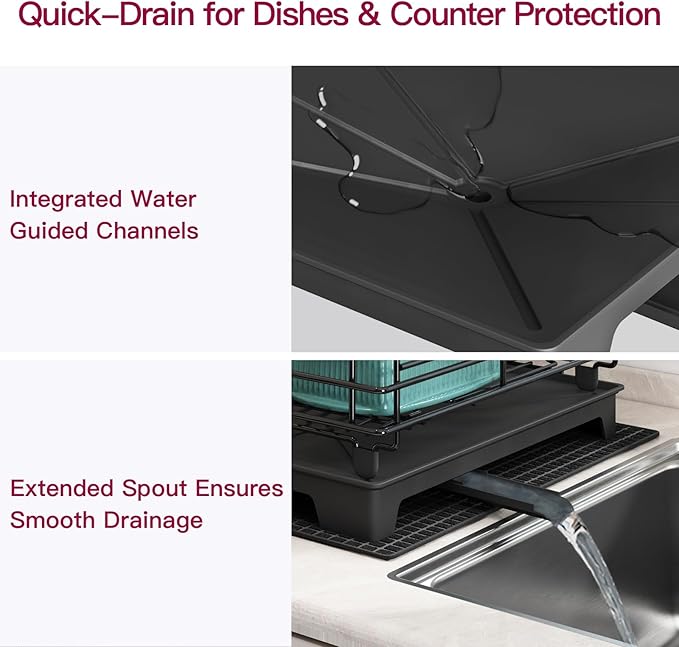 BOOSINY 2 Tier Black Large Stainless Steel Dish Drainers Drying Rack for Kitchen Counter with Drainboard, Rust Proof Metal, Space Saving, Modern Aesthetic, Compact Plates Strainers with Extra Mat-Ruum Studio Home