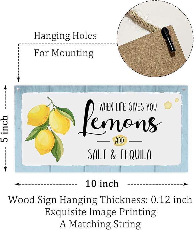 When Life Gives You Lemons Add Salt & Tequila Wooden Hanging Sign Plaque, Lemon Wall Decor Sign With Inspirational Quotes, Rustic Wood Sign Wall Art for Home Living Dining Room Farmhouse Kitchen - A26-Ruum Studio Home