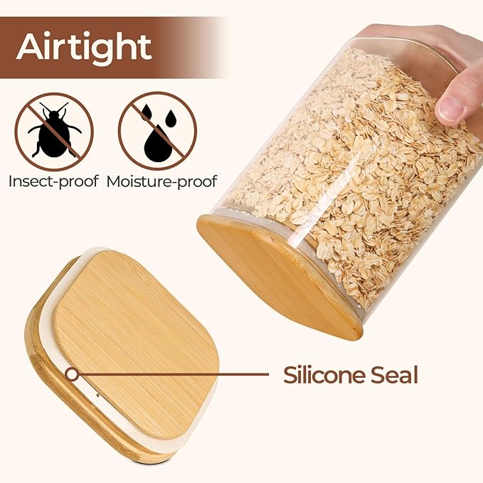 ComSaf 1.4 Qt Glass Storage Containers with Lids, Glass Jars with Lids, Clear Food Storage Jar, Square Canister Set of 3, Pantry Organizers and Storage for Flour Oat Pasta Tea Cookie Coffee Bean-Ruum Studio Home