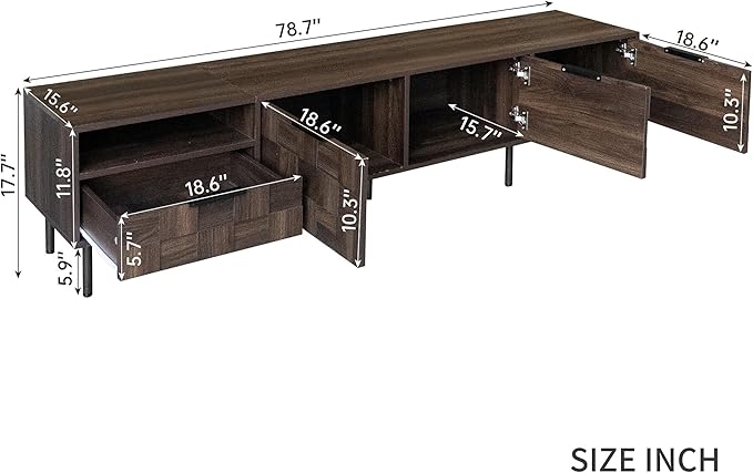Modern TV Stand for TVs up to 85", Mid-Century Media Console with Checkered Cabinet Doors, Storage Drawers & Open Shelves, Wood Entertainment Center with Metal Legs-Ruum Studio Home