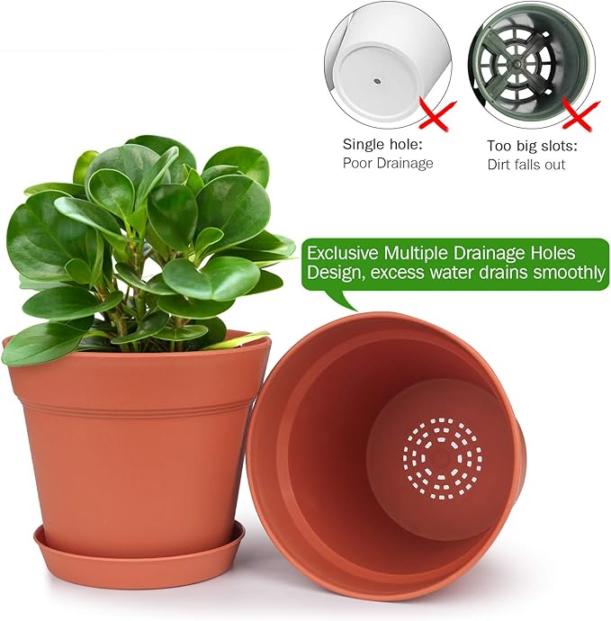 homenote Pots for Plants, 15 Pack 6 Inch Plastic Planters with Multiple Drainage Holes and Tray - Plant Pots for All Home Garden Flowers Succulents (Terra Cotta)-Ruum Studio Home