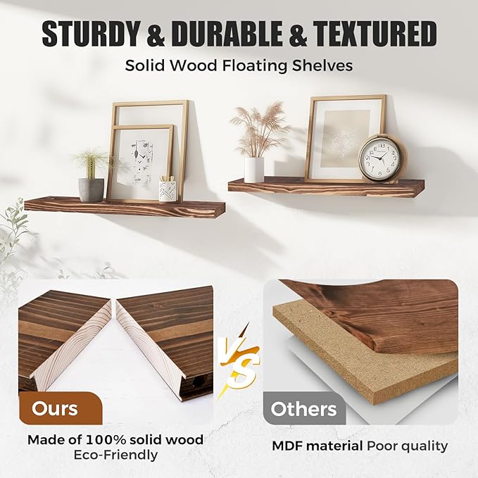 Floating Wall Shelves 2-Pack - Rustic Brown 16-inch Wooden Wall Shelves for Storage and Décor, Multi-Functional and Easy to Install for Living Room, Bedroom, and Kitchen-Ruum Studio Home