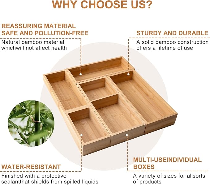 Bamboo Drawer Organizer 5 Pcs for Kitchen Multi-purpose Storage Dividers for Kitchen, Office, Jewelry, Cosmetics, Wooden Drawer Dividers for Drawer Organizer Desk Organizer Gift for Women Gifts Idea-Ruum Studio Home