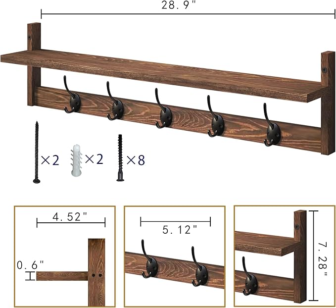 BAMEOS Wall Mounted Coat Rack with Adjustable Easy Install, Rust Proof, Brown Wooden Material, 28.9 Inch Length-Ruum Studio Home