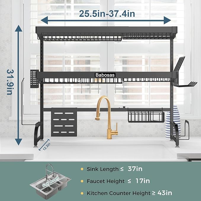 Over The Sink Dish Drying Rack,3 Tier Adjustable Length (25.5'' to 37.4'') Full Stainless Steel Large Storage Kitchen Dish Rack,for Kitchen Counter Expandable Multifunctional Organizers,Black-Ruum Studio Home