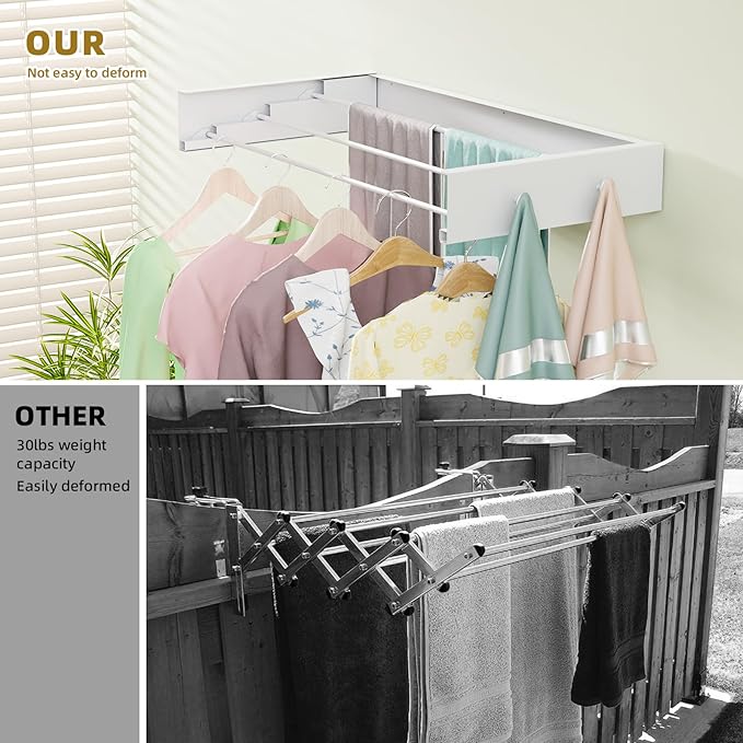 Wall Mounted Drying Rack for Laundry 19.8'', Folding Drying Rack Clothing Wall Mount with 3 Rods and 4 Hooks, Space Saving for Indoor Outdoor Bathroom Balcony (White, 19.8'')-Ruum Studio Home