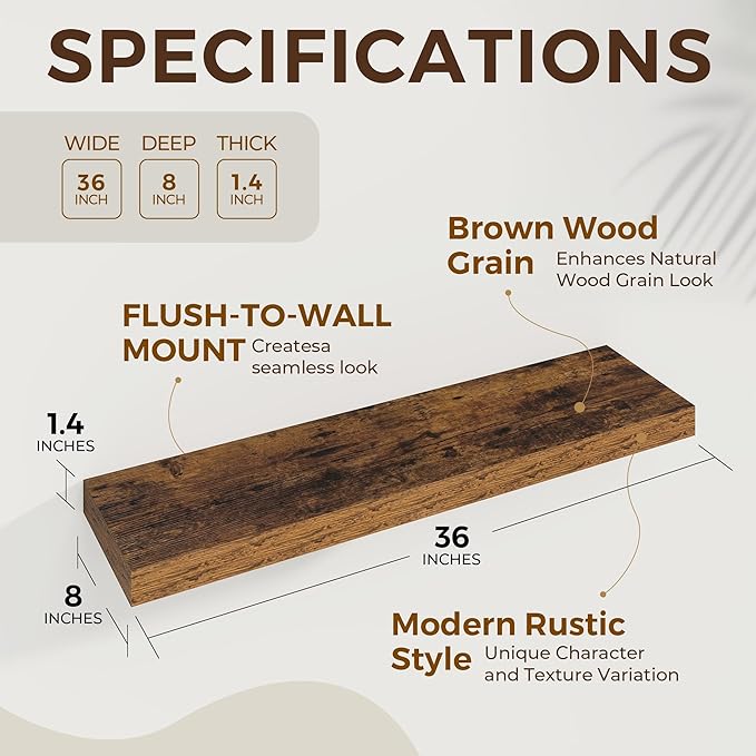 36 inch Floating Shelves Wall Shelves for Office with Invisible Brackets, 8 inch Deep Shelves for Bathroom, Living Room, Kitchen, Office, 36x7.9 inch deep Set of 2, Brown-Ruum Studio Home