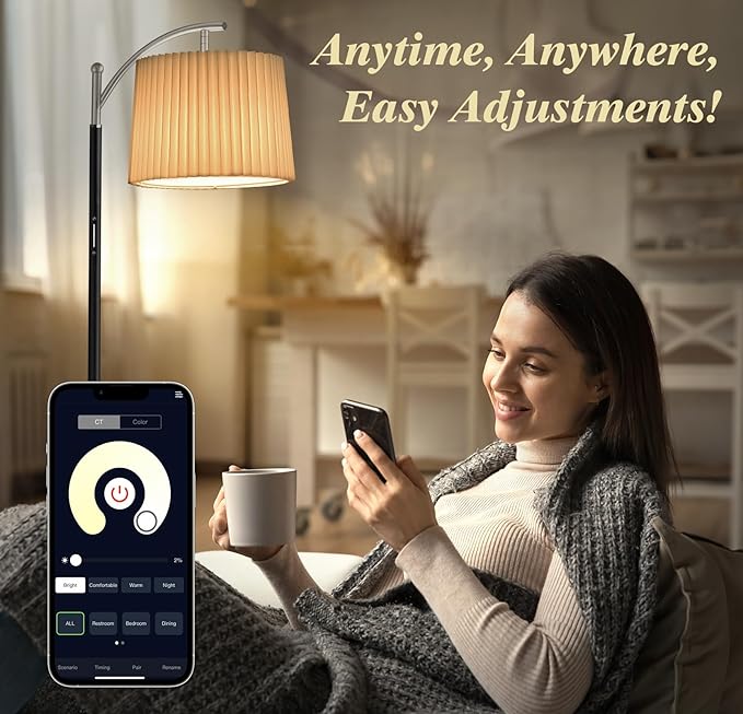 Floor Lamp, LED Floor Lamp with APP & Remote & Touch Control, Stepless Color Temperatures and Brightness, Tall Standing Lamp with Pleated Lampshade for Living Room, Bedroom, Office(Black Nickel)-Ruum Studio Home