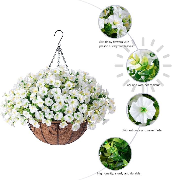 Ivydale Artificial Fake Hanging Flowers Plants Baskets for Outdoor Spring Summer Decoration, Faux Silk White Morning Glory Look Real UV Resistant for Outside Porch Patio Balcony Yard Front Door Garden-Ruum Studio Home