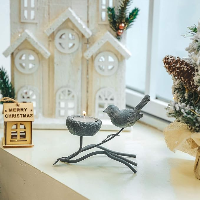 Marbrasse Votive Candle Holders, Vintage Home Decor Centerpiece, Iron Branches, Resin Bird and Nest, Tabletop Decorative TeaLight Candle Stands,Creative Artwork (Grey Black)-Ruum Studio Home