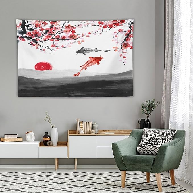 Houselerax Japanese Koi Fish Tapestries, Cherry Blossoms Asian Oriental Flower Branch Koi Fish Carp Tapestry Wall Hanging for Bedroom Living Room Office Decor 90"x60"-Ruum Studio Home