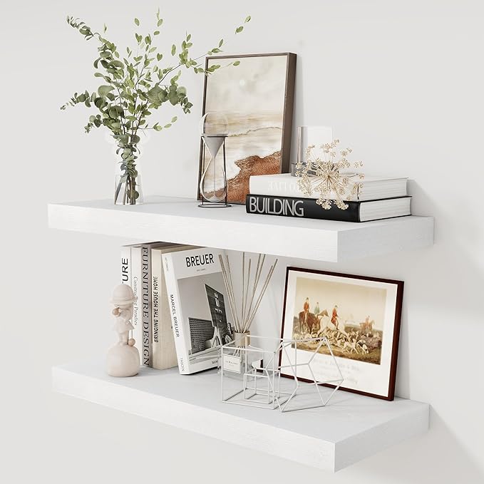 Fun Memories White Floating Shelves 30x 12 Inch, Deep Floating Shelf Wall Mounted, 12" Deep Wall Shelves for Books, Bathroom, Bedroom, Kitchen, Thicked Shelves for Home Storage & Display, Set of 2-Ruum Studio Home