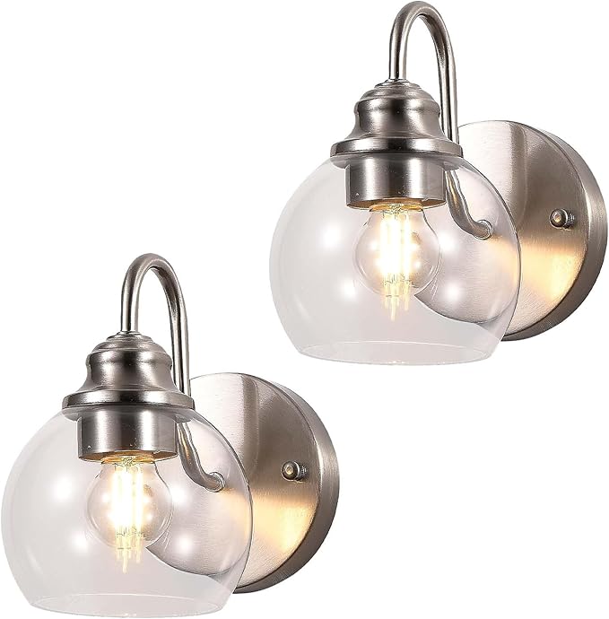 Farmhouse Gooseneck Wall Sconces Set of Two, Bathroom Brushed Nickel Vanity Light, Modern Indoor Wall Light Fixtures with Clear Glass for Bathroom Beside Mirror Living Room Hallway(Brushed Nickel)-Ruum Studio Home