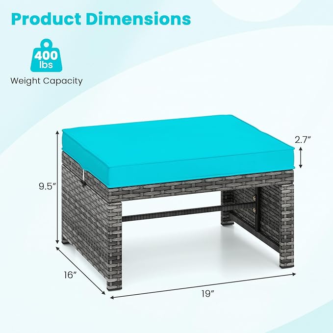 Tangkula 2 Pieces Patio PE Rattan Ottomans, Multipurpose Outdoor Footstool Footrest Additional Seating Side Table with Soft Zippered Cushions for Deck, Garden, and Yard (Turquoise)-Ruum Studio Home