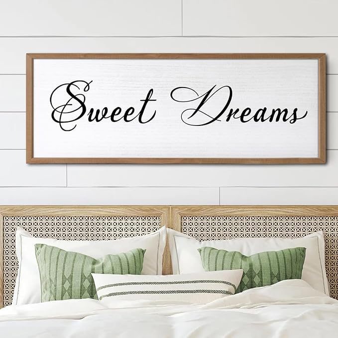 Sweet Dreams Wall Decor Above Bed 32x12 Inch Large Master Bedroom Hanging Wood Rustic Framed Farmhouse Sweet Dreams Sign Guest Room Aesthetic And Minimalist Over Bed Wall Art（Wood White）-Ruum Studio Home