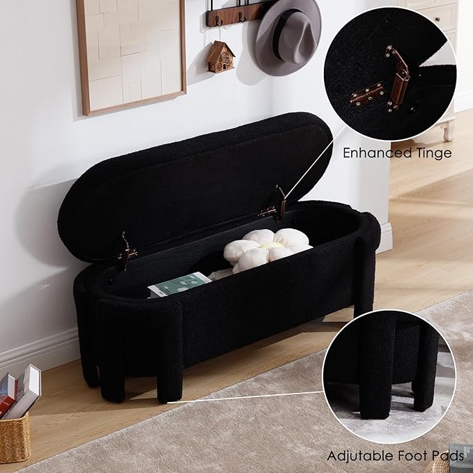 Modern Upholstered Storage Bench, Sherpa Fabric 50" Long Entryway Bench with Storage and Seating, Comfy Cute Ottoman Bench for Living Room/End of Bed/Hallway, Black-Ruum Studio Home