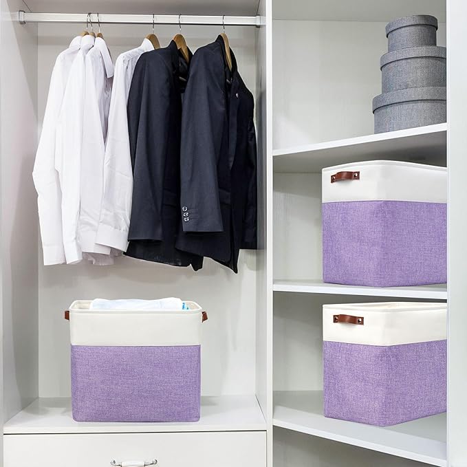 Large Fabric Storage Baskets | 50L Storage Bins, Decorative Linen Closet Baskets with Handles for Organizing, Shelf, Toys, Clothes, Home, Office, Nursery, 17x12x15Inches (Purple&White)-Ruum Studio Home