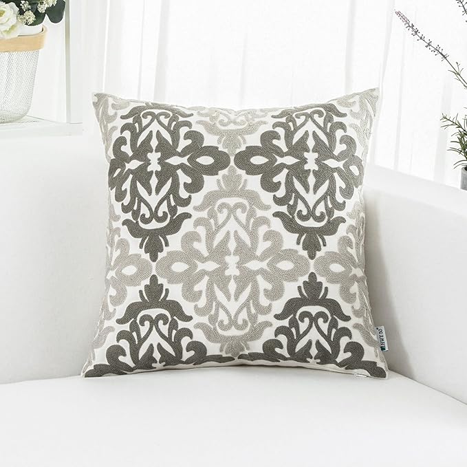 HWY 50 Grey Gray Decorative Throw Pillow Covers 18x18 Inch (1 Piece), Embroidered Cotton Farmhouse Cushion Cover Pillow Case for Sofa Couch Living Room Bed Bedroon, Floral Geometric-Ruum Studio Home
