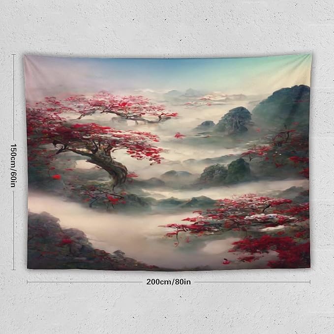 Japanese Tapestry, Red Plum Cherry Blossom Mountain, Nature Landscape, Bedroom & Living Room Decor, 80"x60"-Ruum Studio Home