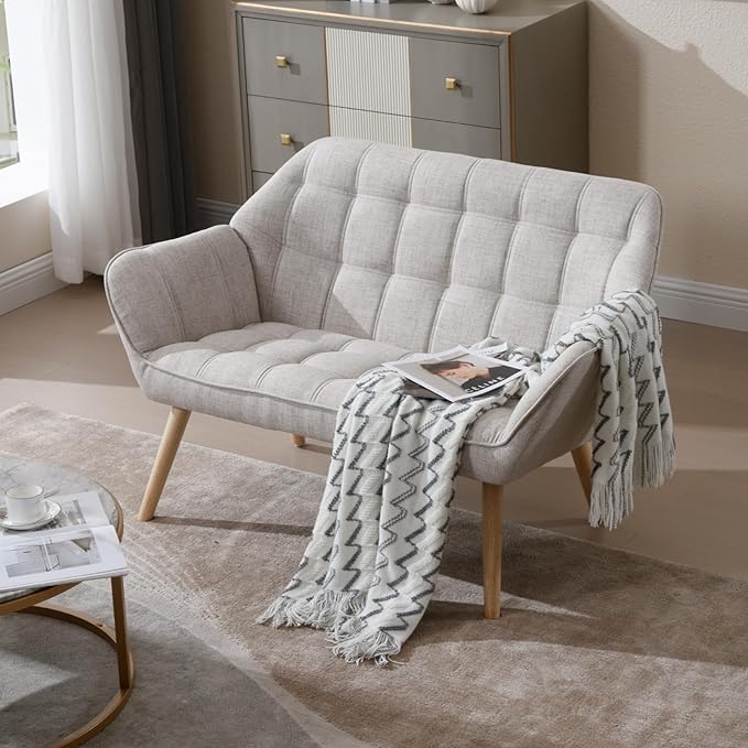 48”Small Loveseat Sofa, Modern Linen Upholstered Mini Couch 2-Seater Fluffy Love Seat with Quilting Backs and Wood Legs for Small Space Living Room, Bedroom, Beige-Ruum Studio Home