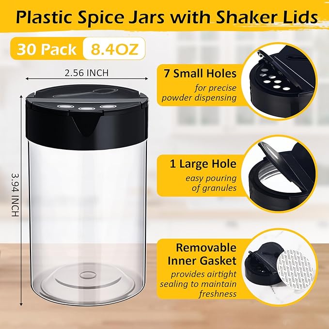 30 Pack 8.4 oz Plastic Spice Jars with Black Cap Empty Clear Plastic Spice Bottle Containers Reusable Seasoning Jars with Shaker Lids for Kitchen Storing and Dispensing Salt Powders-Ruum Studio Home