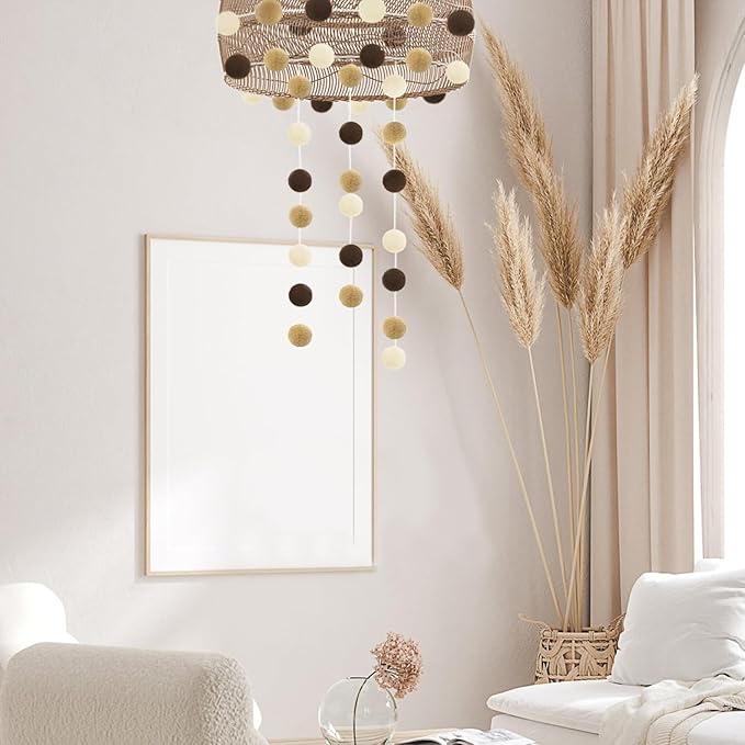 Jishi Pom Pom Garland Boho Party Decorations, 3-Pack Brown Khaki Beige Felt Ball Garland Cute Pastel Rainbow Pompom Strings, Christmas Birthday Wedding Rustic Boho Home Decor Supplies, Xmas Tree Decor-Ruum Studio Home