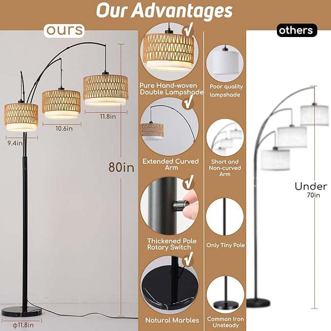 Rattan Floor Lamp for Living Room, 80 Inch Tall Boho Floor Lamp with Rotary Switch, 3 Lights Arc Lamp with Wicker Shade for Coastal,Bohemian,Tree Farmhouse Standing Lamp-Ruum Studio Home