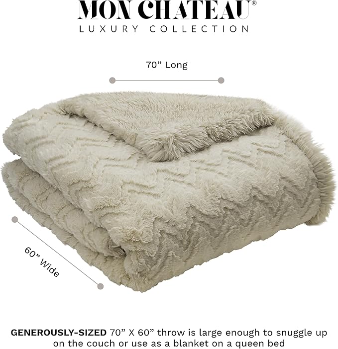 Mon Chateau Premium Reversible Queen Size Luxury Faux Fur Throw for Couch, Sofa, or Queen Size Bed - Plush Cozy Soft Blanket for Sleeping or Home Décor, 60" x 70" (Beige Jacquard)-Ruum Studio Home