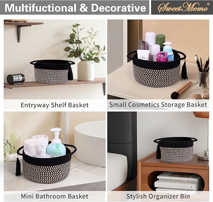 Decorative Small Gift Basket Empty – SweetMemo Cute Woven Rope Organizer Baskets for Desk, Bedside, Bathroom, Key, Round Boho Decor Cotton Bin with tassel, Gift Bag, Ribbon – Rustic Black Brown-Ruum Studio Home