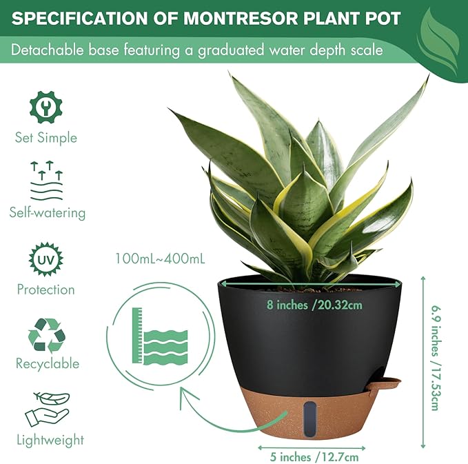 montresor 2 Pack 8 inch Plant Pots, PP Plastic Self Watering Plant Pot with Drainage and Tray for Indoor Outdoor Plants, Water Level Window & Reservoir Flower Pots Decorative Planter (Black)-Ruum Studio Home
