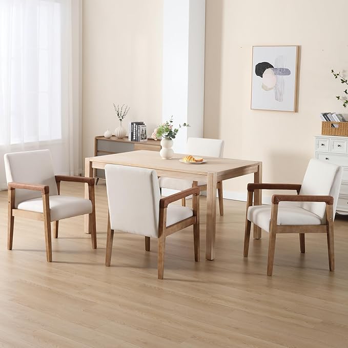 Kmax Modern Dining Chairs Set of 4 Linen Fabric Kitchen Arm Chairs Upholstered Accent Chairs with Wooden Legs for Dining Room, Living Room, Bedroom, White-Ruum Studio Home