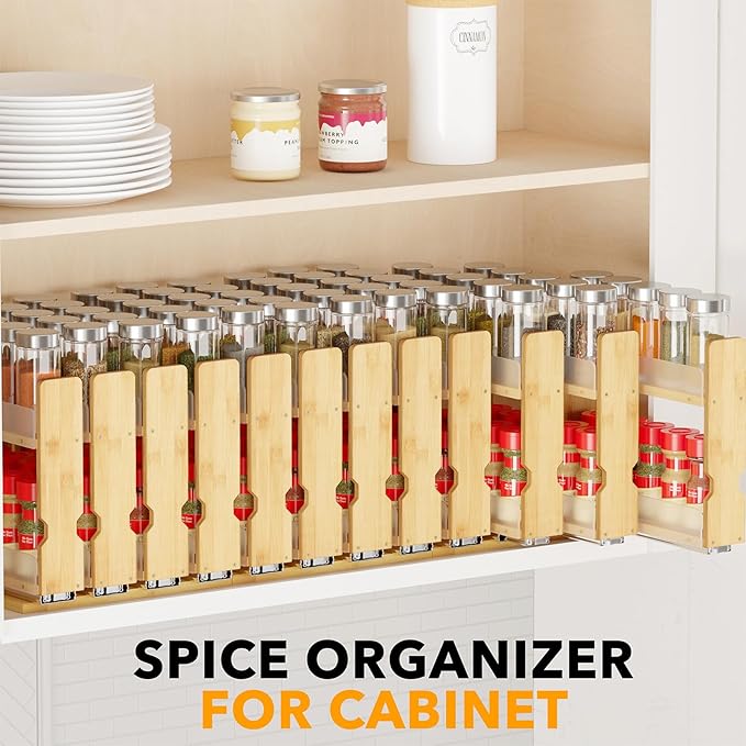 SpaceAid Bamboo Pull Out Spice Rack Organizer for Cabinet, Heavy Duty Slide Out Seasoning Kitchen Pantry Sliding Vertical Organization, 10.1" Wide, 4 Drawers(2" Wide), 2-Tier, Natural-Ruum Studio Home