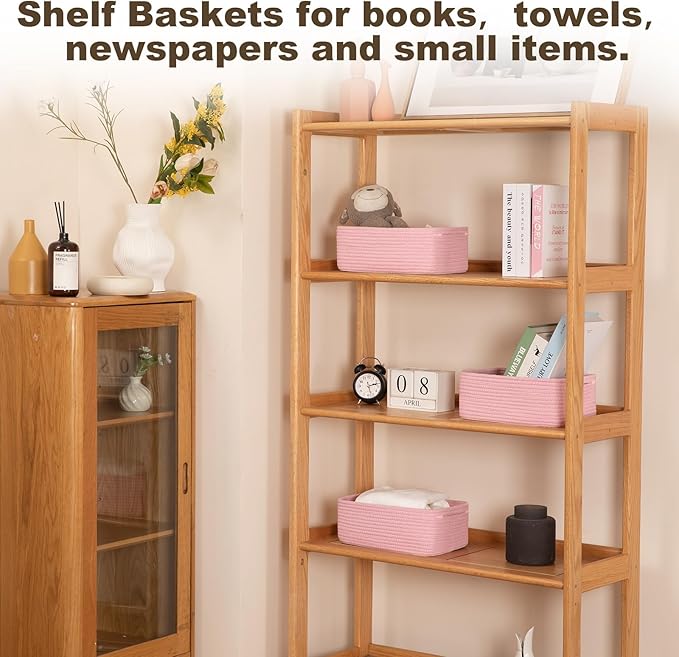 3 Pack Small Storage Baskets for Organizing, Cute Woven Decorative Gift Baskets for Shelves, Mini Closet Organizer Bins with Handles, 11.81''Lx7.87''Wx4.72''H-Pink-Ruum Studio Home