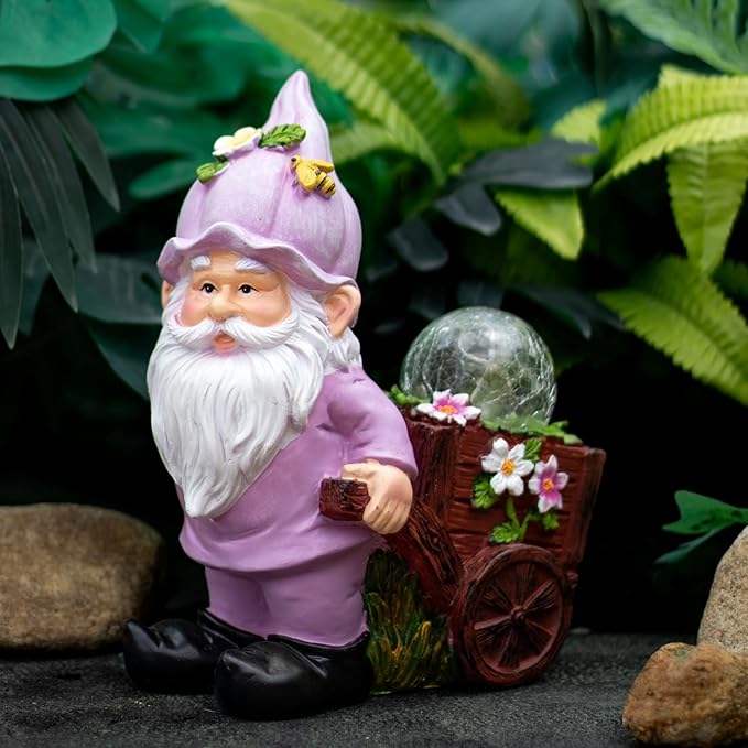 Solar Garden Gnome Statue with Crackle Glass Globe Lights, Waterproof Outdoor Decor for Patio, Lawn, or Yard, Whimsical Housewarming Gift(Pink Gnomes)-Ruum Studio Home