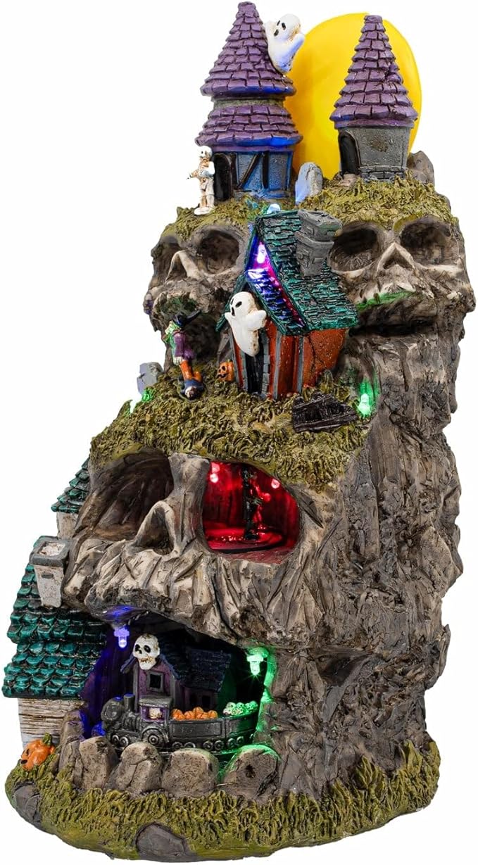 Skullstone Hollow Skull Theme Spooky Halloween Village Multi-Color LED Lights, Animated Motion and Music 7.75" x 7.5" x 13.5"-Ruum Studio Home
