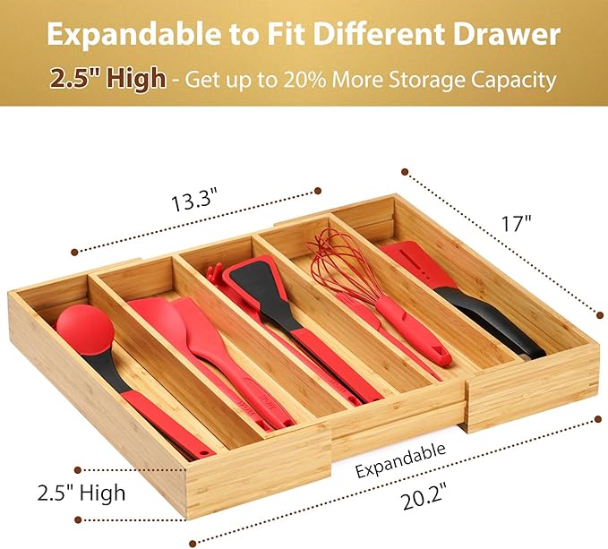 Umilife Expandable Kitchen Drawer Organizer, 2.5" High Bamboo Utensils Silverware Tray, Adjustable Large Deep Wood Organization Holder-Ruum Studio Home