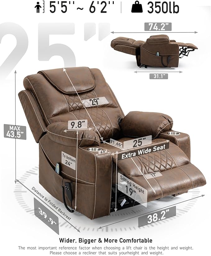 Large Power Lift Chairs Recliners for Elderly with Heated and Massage, Upgraded Dual Motor Lay Flat Recliners, 25in Extra Wide Seat, Cup Holder, Side Pocket…, Brown/Breathing Leather-Ruum Studio Home