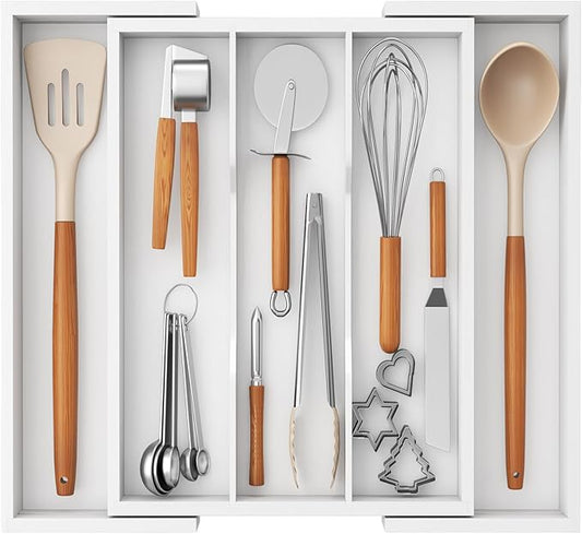Lifewit Utensil Organizer for Kitchen Drawer, Expandable Cooking Utensil Tray, Bamboo Cutlery Silverware Flatware Holder, Adjustable Spatula Tools and Gadgets Storage Divider, Large, White-Ruum Studio Home