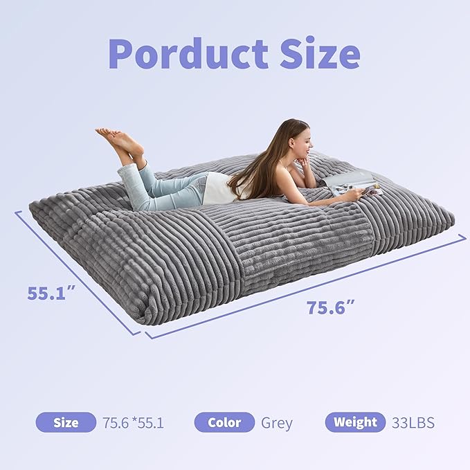 Hobestluk 3 in 1 Bean Bag Chair Giant Bean Bag Chairs Convertible Bean Bag Floor Cushion with Machine Washable Cover, Beanbag Chairs for Adult (Grey)-Ruum Studio Home