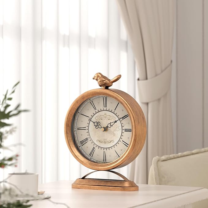 Vintage Table Clock with Bird, European Antique Style Gold Mantel Clocks, Desk and Shelf Decor Clock, for Farmhouse, Bedside, Living Room, Bedroom, Gift (9" H x 6.5" W)-Ruum Studio Home