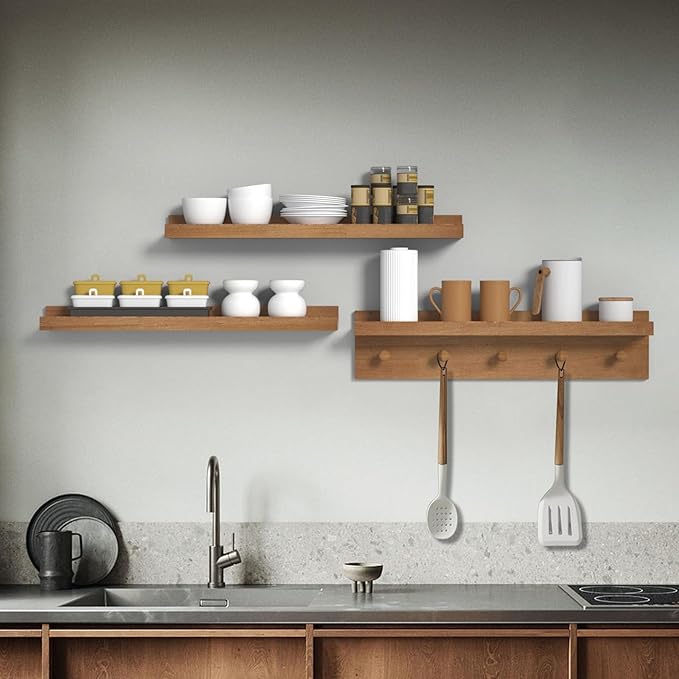 MBYD 24 Inch Floating Shelves, Picture Ledge Shelf, Natural Wood Wall Shelf, Nursery Book Shelves for Kids Room Decor with Hooks, Kitchen Bathroom Storage, Living Room Walnut-Ruum Studio Home