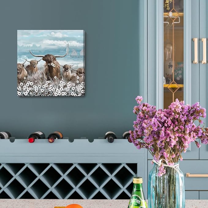Canvas Wall Art Bathroom Coastal Boho Farmhouse Highland Cow Flower Picture Floral Artwork Rustic Country Landscape Longhorn Animal Painting for Living Room Bedroom Kitchen Décor Blue Brown Small-Ruum Studio Home
