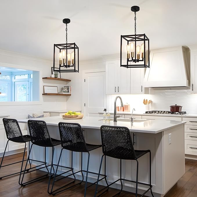 Lantern Pendant Light, 4-Light Gold Chandelier,Modernized Ceiling Hanging Light Fixture for Bedroom Kitchen Island Foyer Living Room Dining Room Hallway-Ruum Studio Home